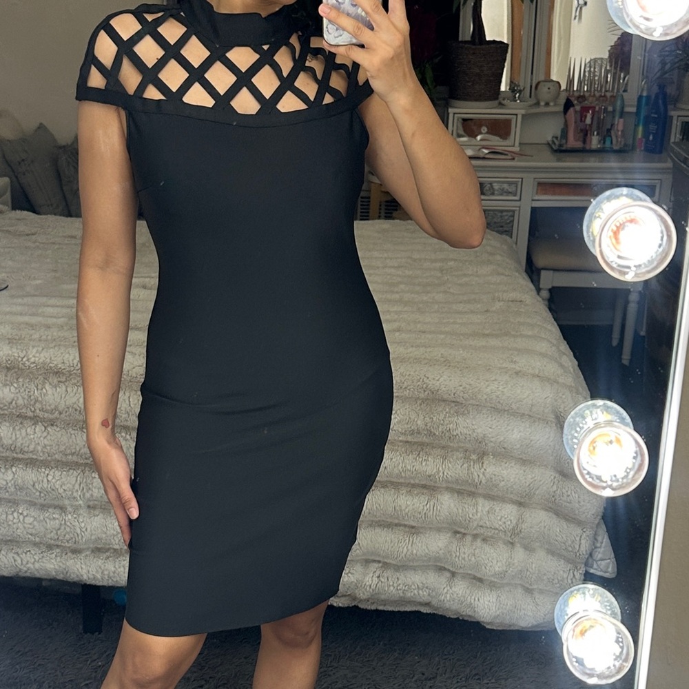 Fashion Nova Elegant Black Dress with Lattice Neckline size 1XL Bandage material